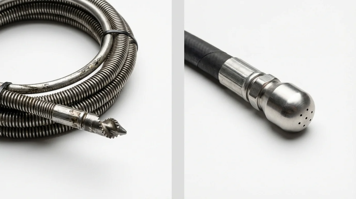 Drain snake cable and hydro jetting nozzle used for drain cleaning in Conway, NH
