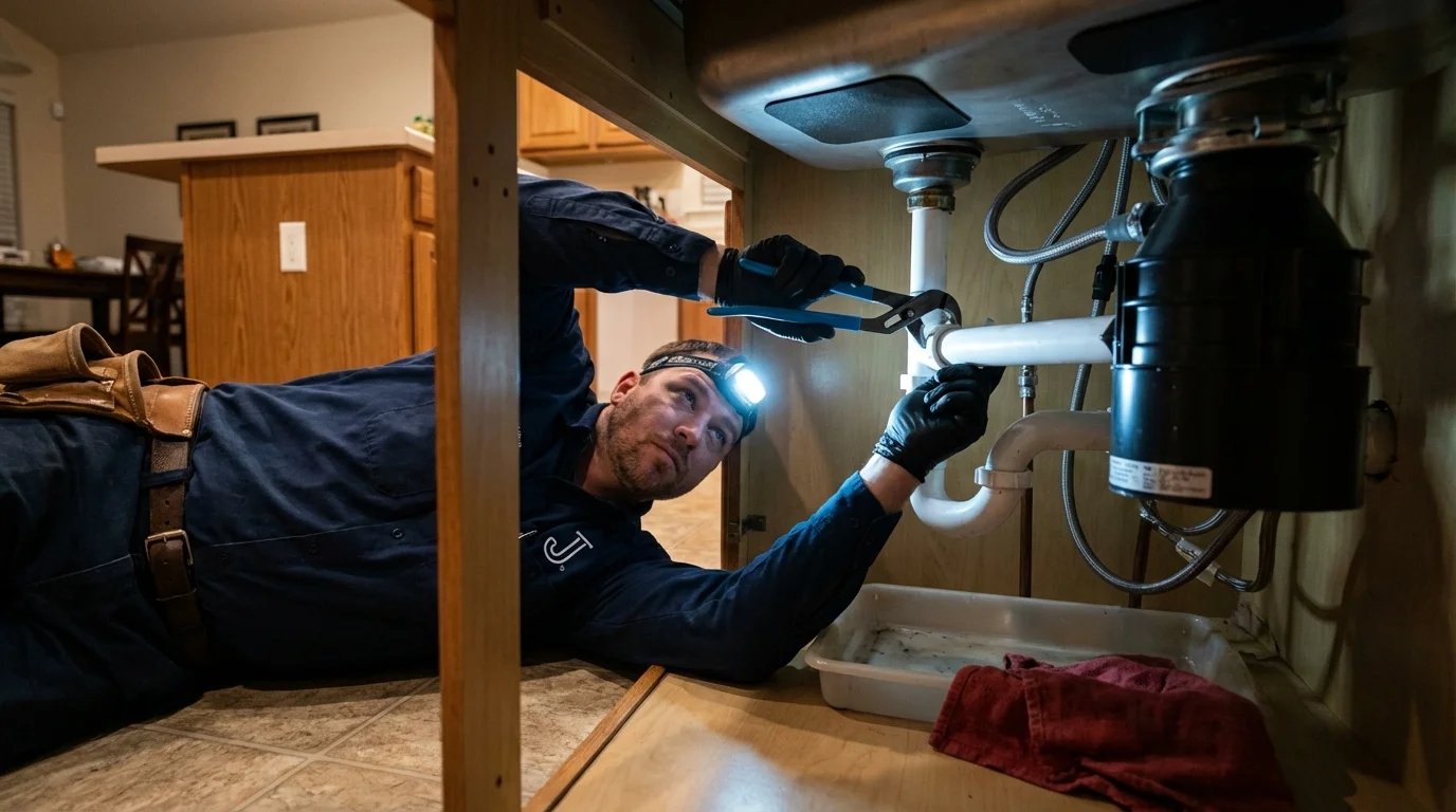 P-trap and supply line connections under a kitchen sink showing a common leak point in Conway, NH